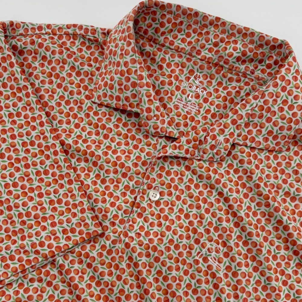 Rhoback Polo L Peach Print Performance Golf Stretch Southern Golfcore Preppy
